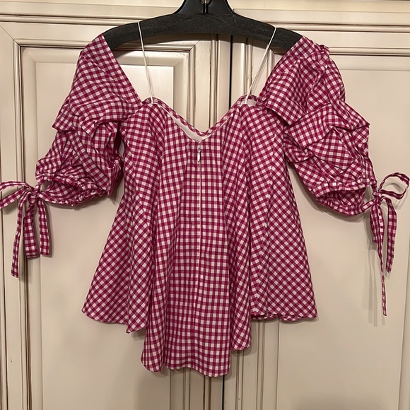 Caroline Constas Corset Bustier in Pink Check Off shoulder Top with bow sleeves - Picture 3 of 4